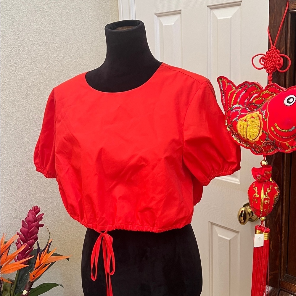 Staud Prato Recycled Nylon Short Puff Sleeve Crop Top Tomato Red Size large - Picture 5 of 8